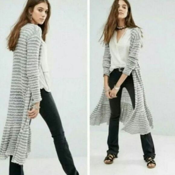 Free People Smile Like You Mean It Retro Stripe Small Grey Gray Cardigan Sweater - Picture 1 of 6